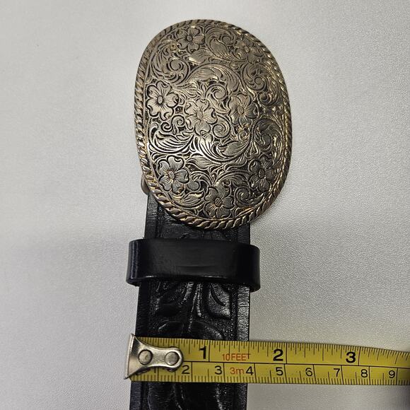 Vintage Western Black Tooled Leather Belt Floral Engraved Silver Bucklet Sz 36 main image 4